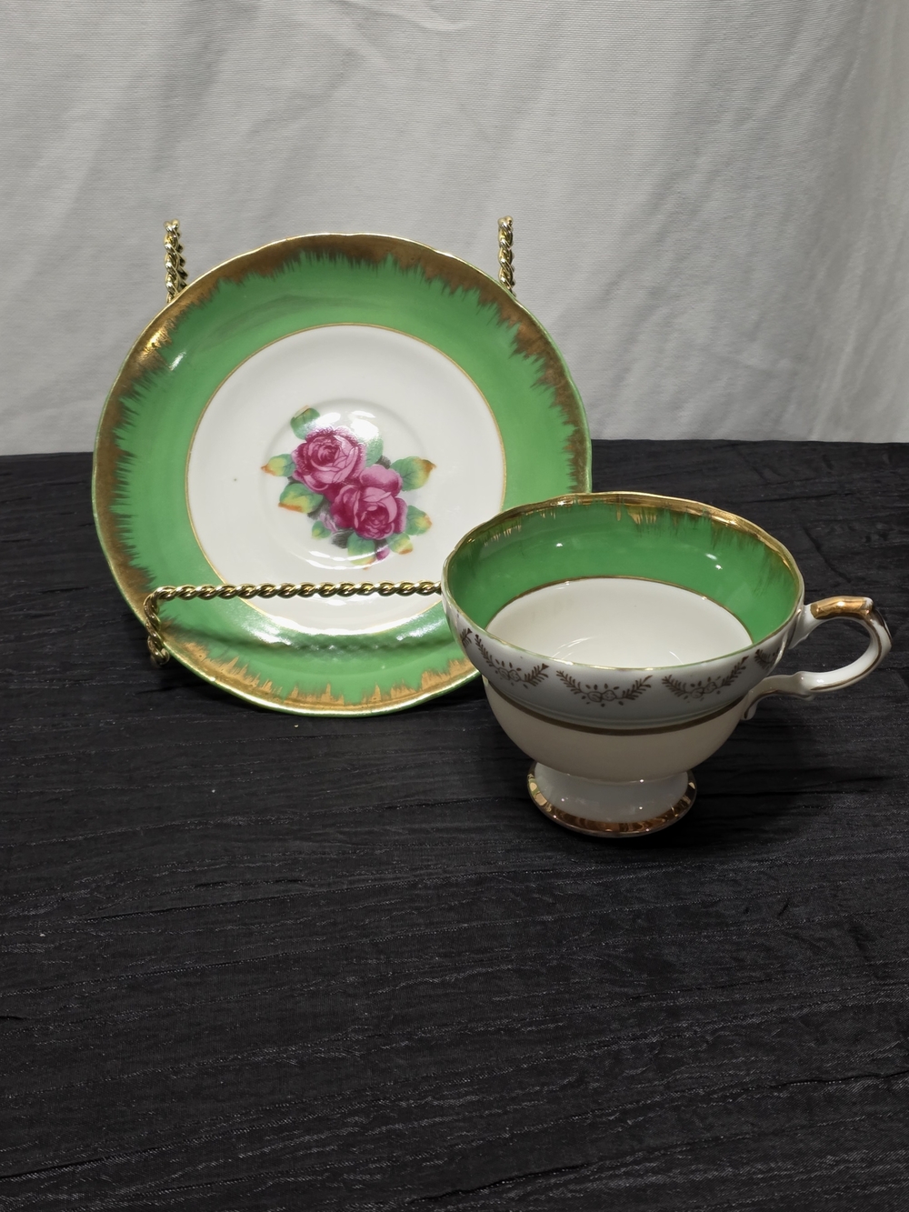 Vintage Castle China Hand Painted Teacup & Saucer Set – Emerald Green & Gold